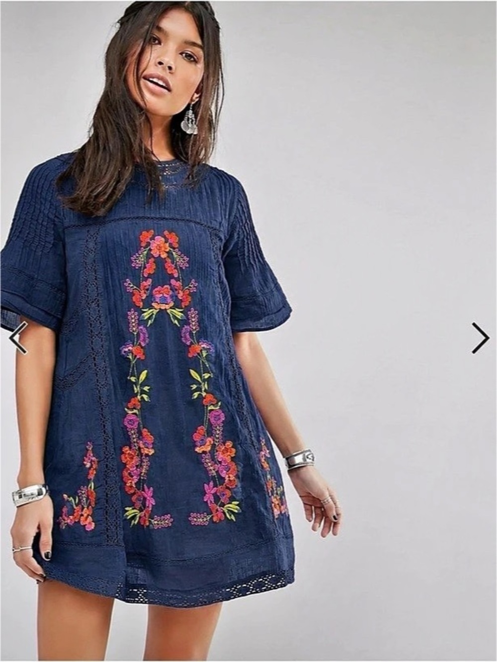 Free People Floral Embroidered Blue Mini Dress